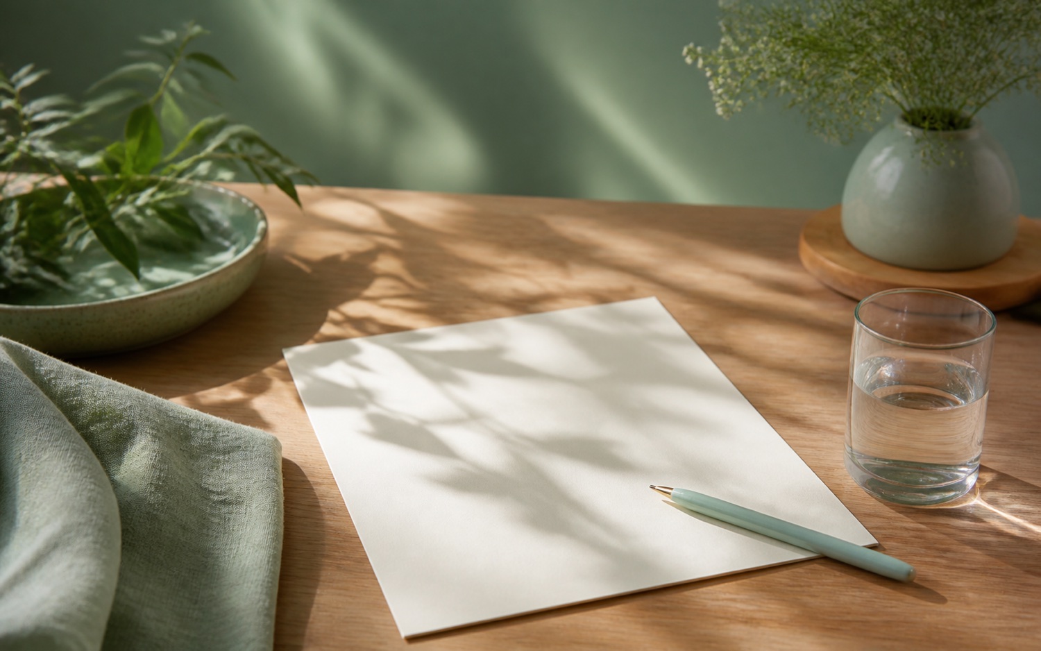 Calm wellness information desk with blank paper, water and botanical shadows