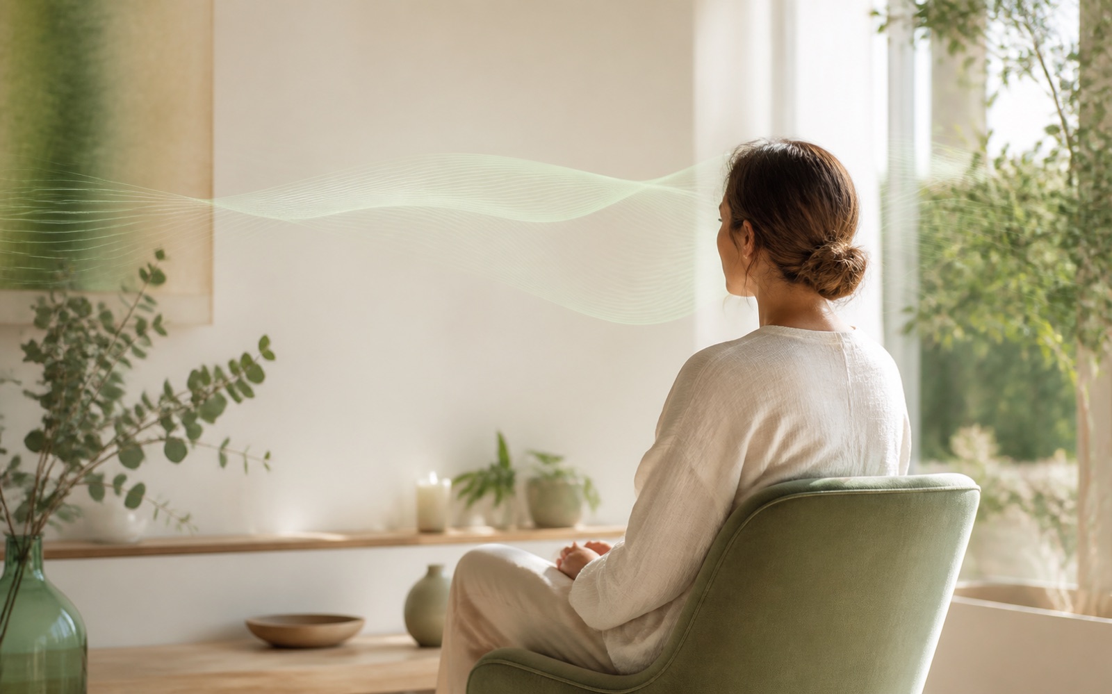 Calm bioresonance wellness session with gentle frequency-inspired light patterns