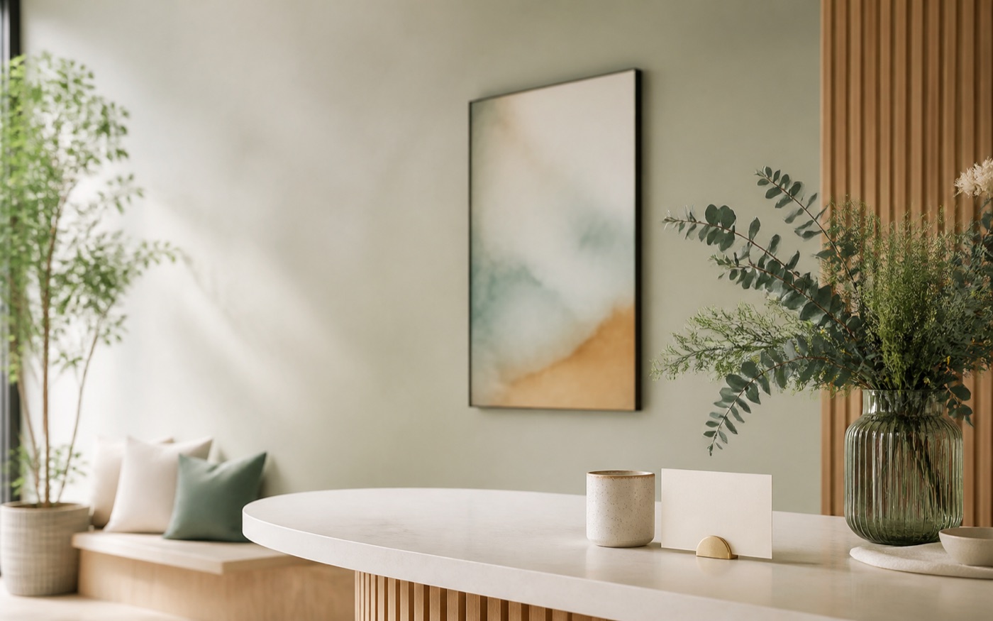 Calm wellness studio reception prepared for a Biofield Method appointment
