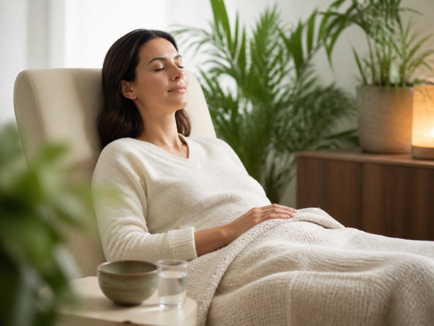 Returning client relaxing during a calm follow-up wellness session